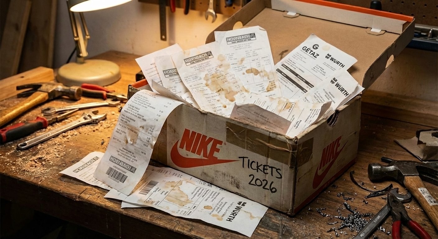 Boîte à chaussures Nike débordant de tickets HORNBACH, GÉTAZ et WÜRTH froissés et tachés sur un établi d'artisan